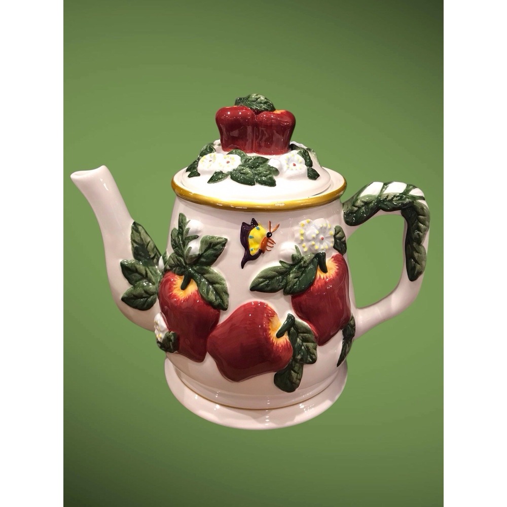 KK Apple Tea/coffee Pot‎ Ceramic Hand Painted Cottage Core Kitchen Decor VTG Set